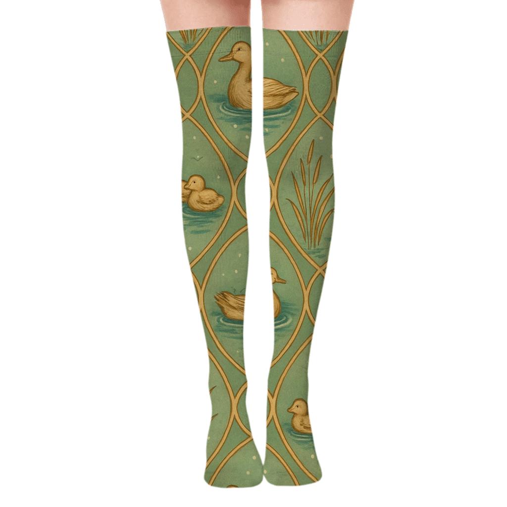 Botanical Lattice with Duck Silhouettes Over-the-Knee Socks