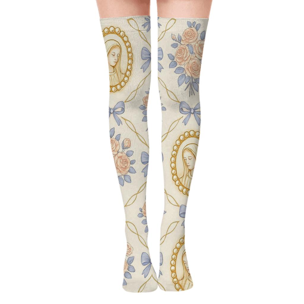 Cameo Lattice with Mary Portrait Medallions Over-the-Knee Socks