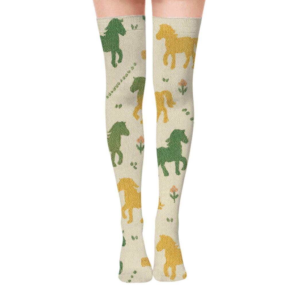 Knitted Meadow Illusion with Pony Motifs Over-the-Knee Socks