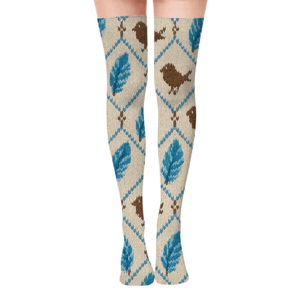 Feather Lattice Bird Pattern Over-the-Knee Socks