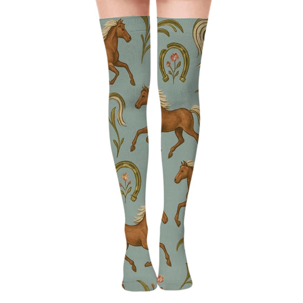 Vintage Naturalist Poster Look, Wildflower Field Pony Over-the-Knee Socks