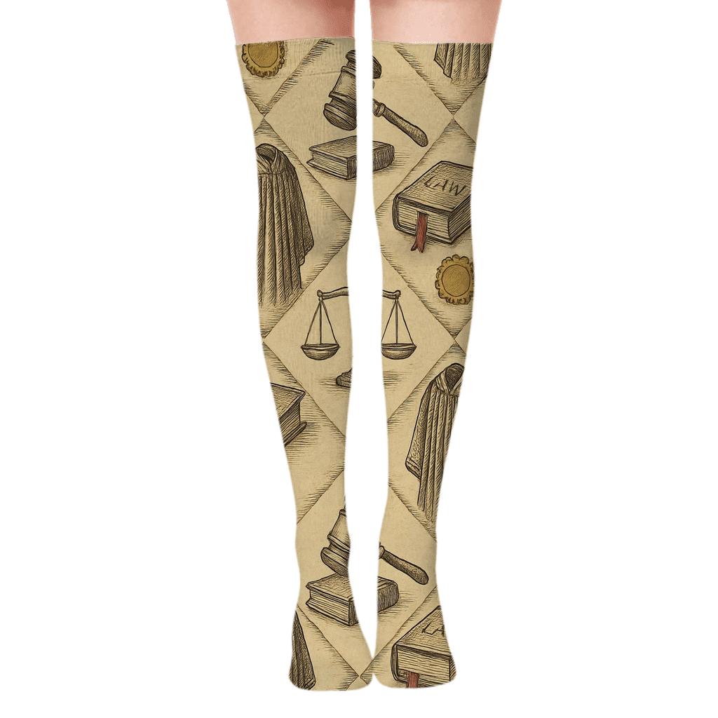 Vintage Courtroom Tiling with Judge Emblems Over-the-Knee Socks