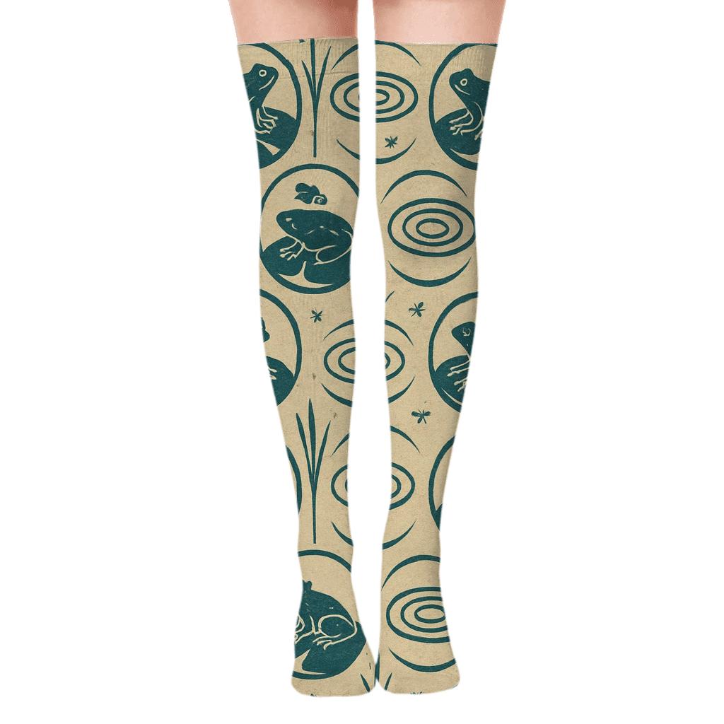 Pond Medallions with Frog Silhouette Over-the-Knee Socks