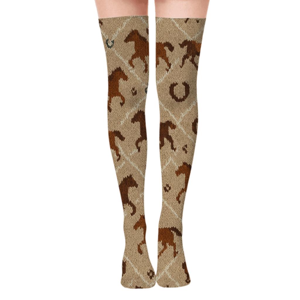 Knitted Illusion Weave with Horse Hoofprint Lattice Over-the-Knee Socks