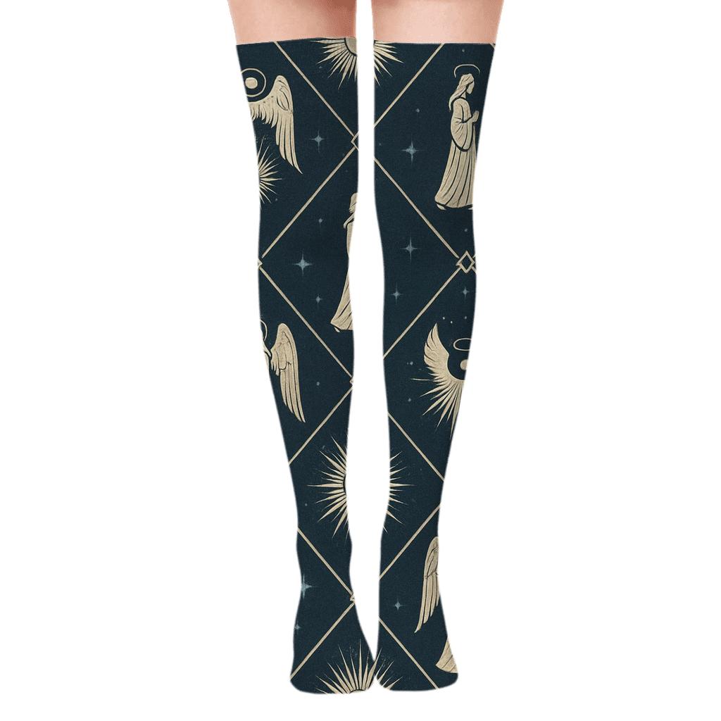 Angel-Halo Lattice in Vintage Celestial Poster Style Over-the-Knee Socks