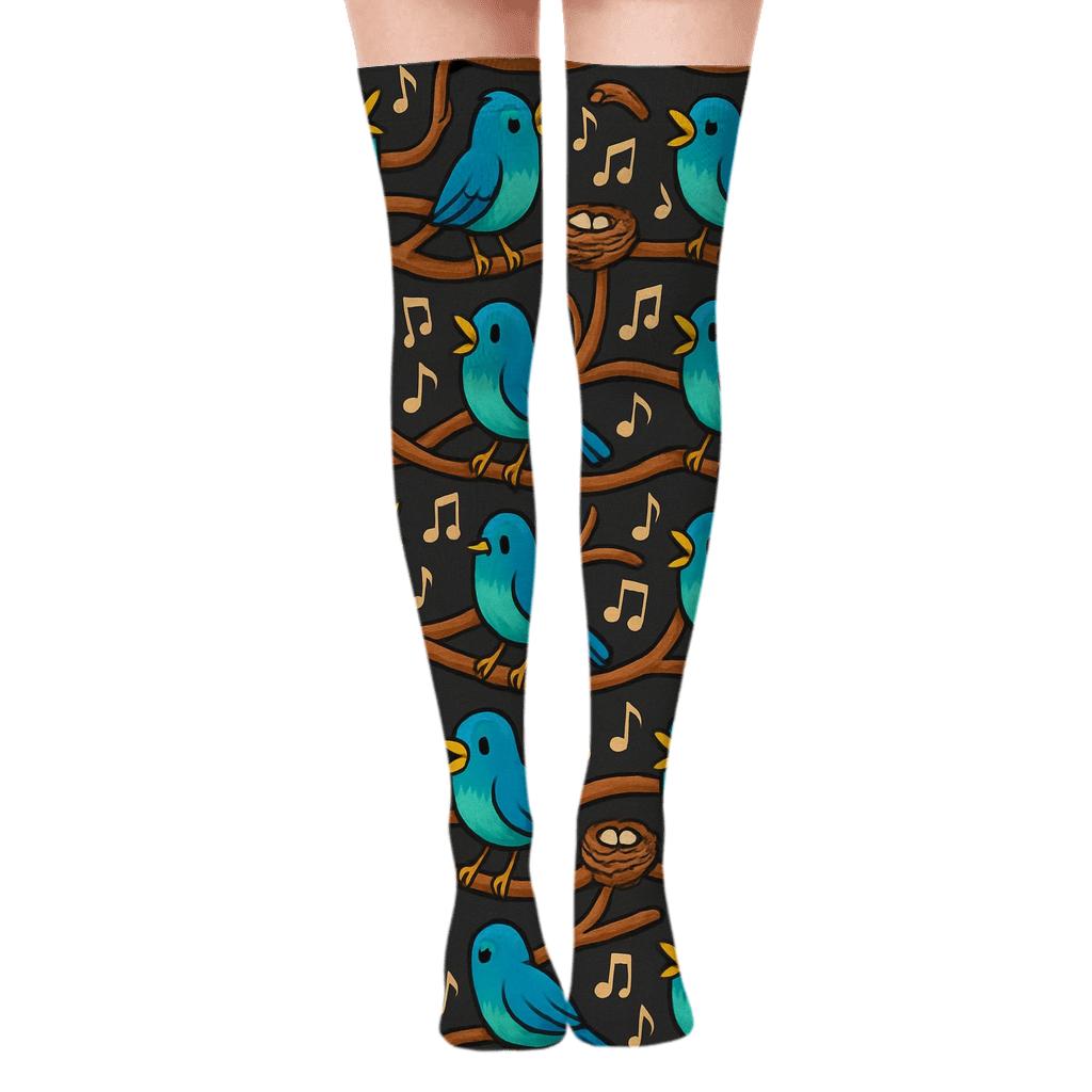 Garden Chorus with Bird Motifs Over-the-Knee Socks