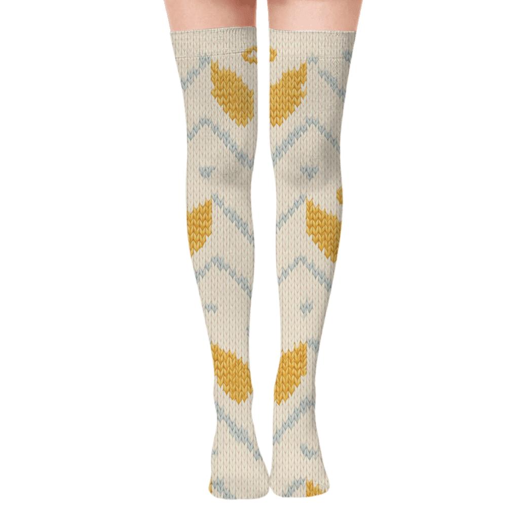 Feather Chevron Knit Illusion on Ivory Ground Angel Over-the-Knee Socks