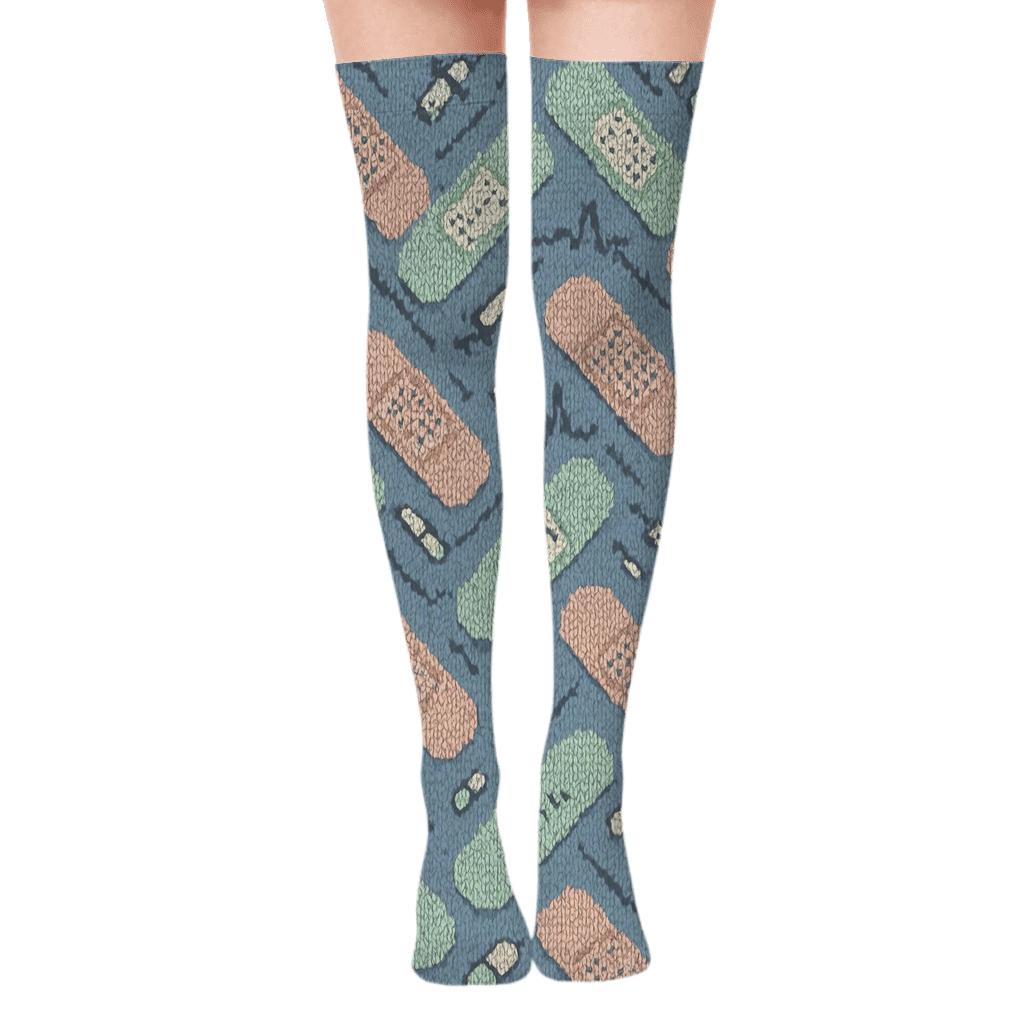 Nurse Knit Illusion Bandage Chevron Over-the-Knee Socks