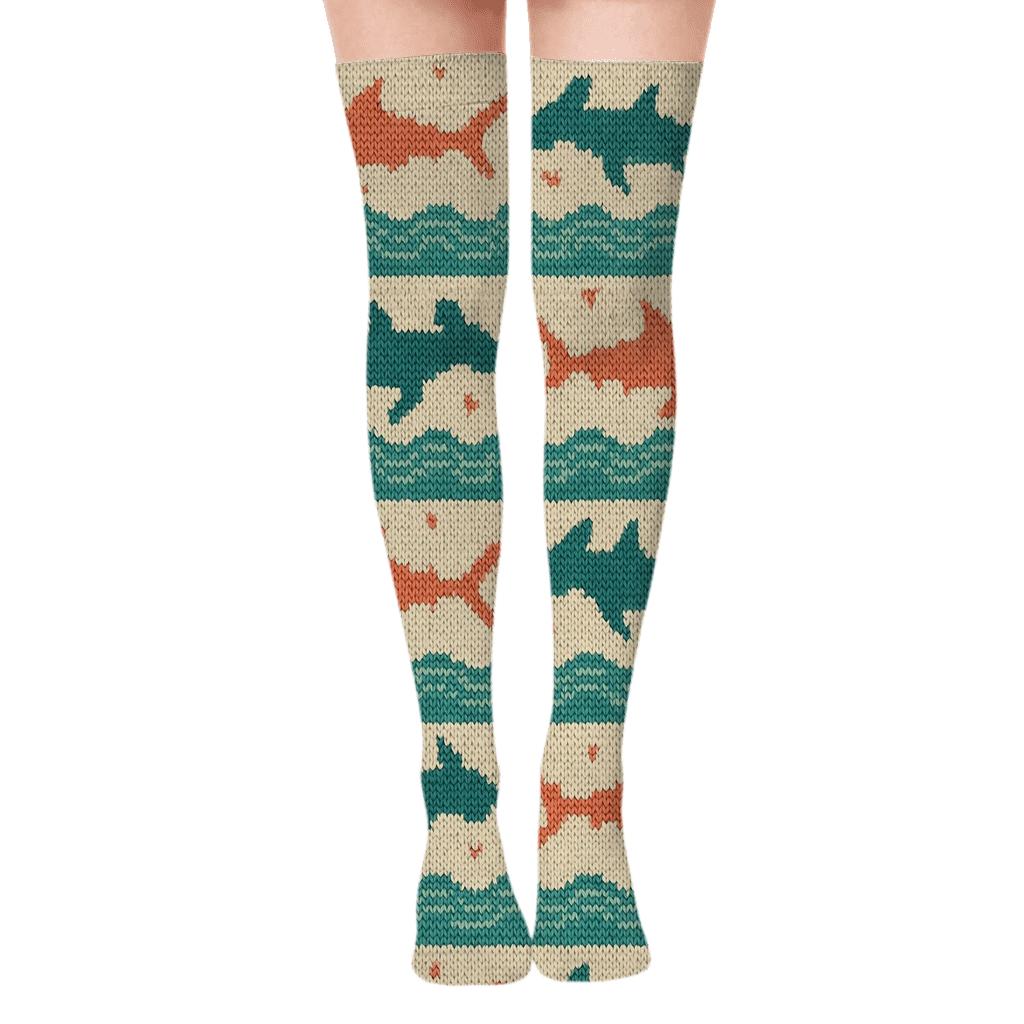 Knitted Ocean Bands with Shark Motifs Over-the-Knee Socks