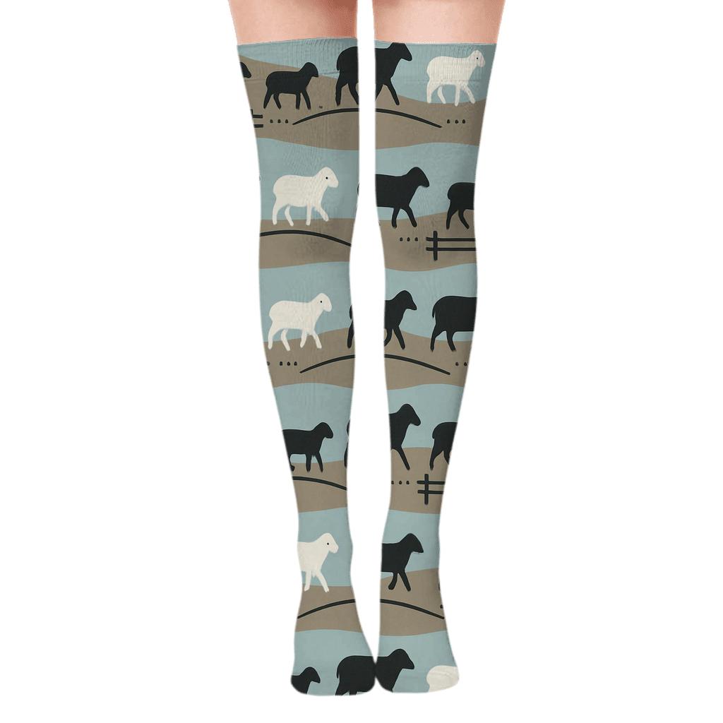 Rolling Hills Band Pattern, Pasture Sheep Over-the-Knee Socks