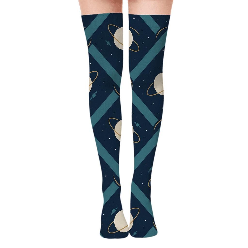 Ionized Teal Orbital Band Weave on Deep Navy Background Over-the-Knee Socks