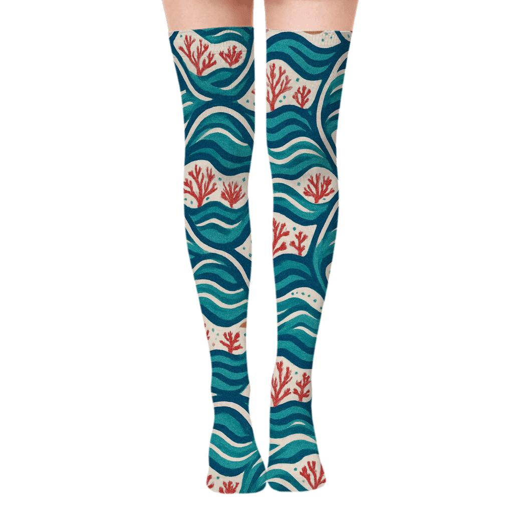Reef Current Lattice With Coral Wave Cells Over-the-Knee Socks