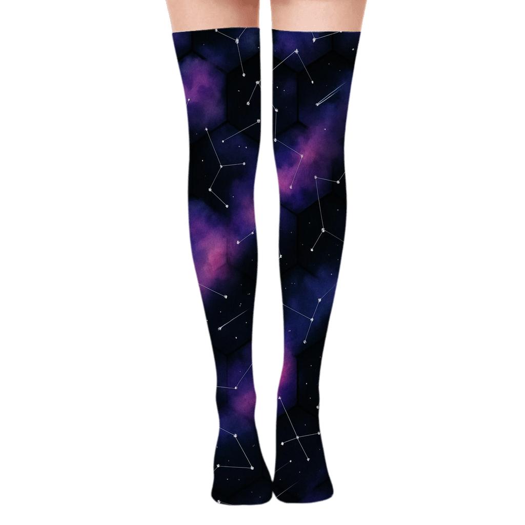 Cosmic Purple Nebula Constellation Grid on Black Background Over-the-Knee Socks