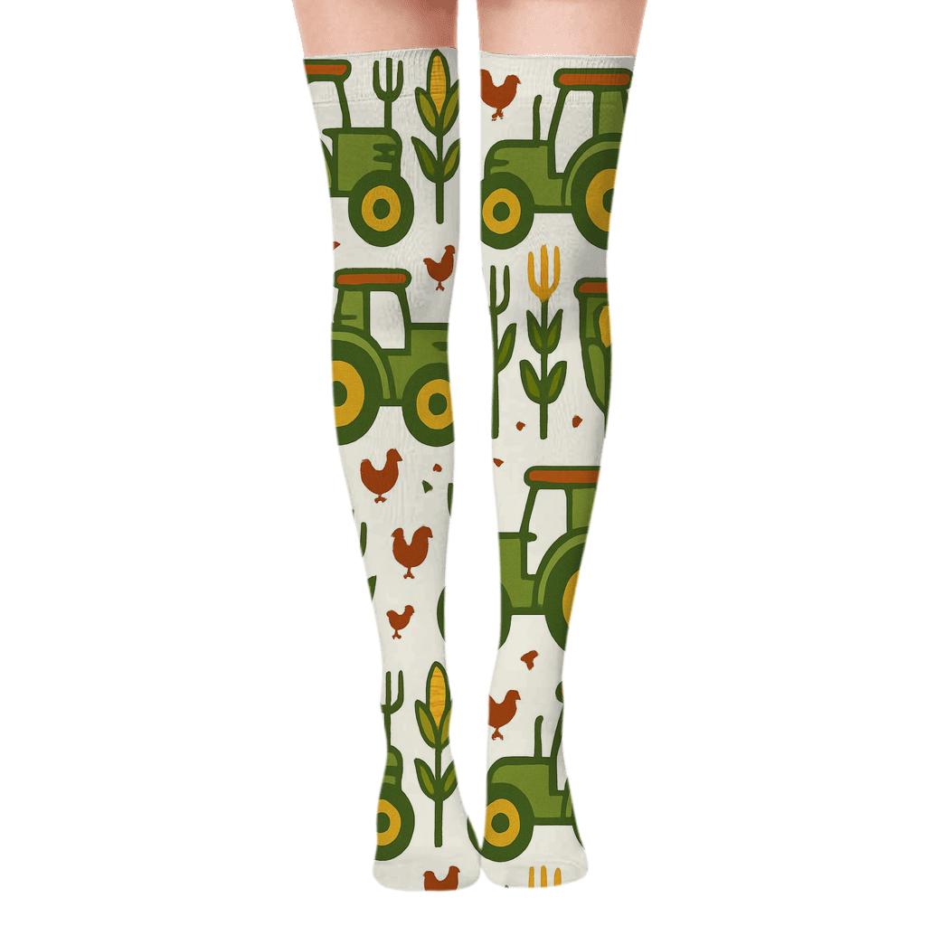 Tractor and Crop Tiles with Farmer Charm Over-the-Knee Socks
