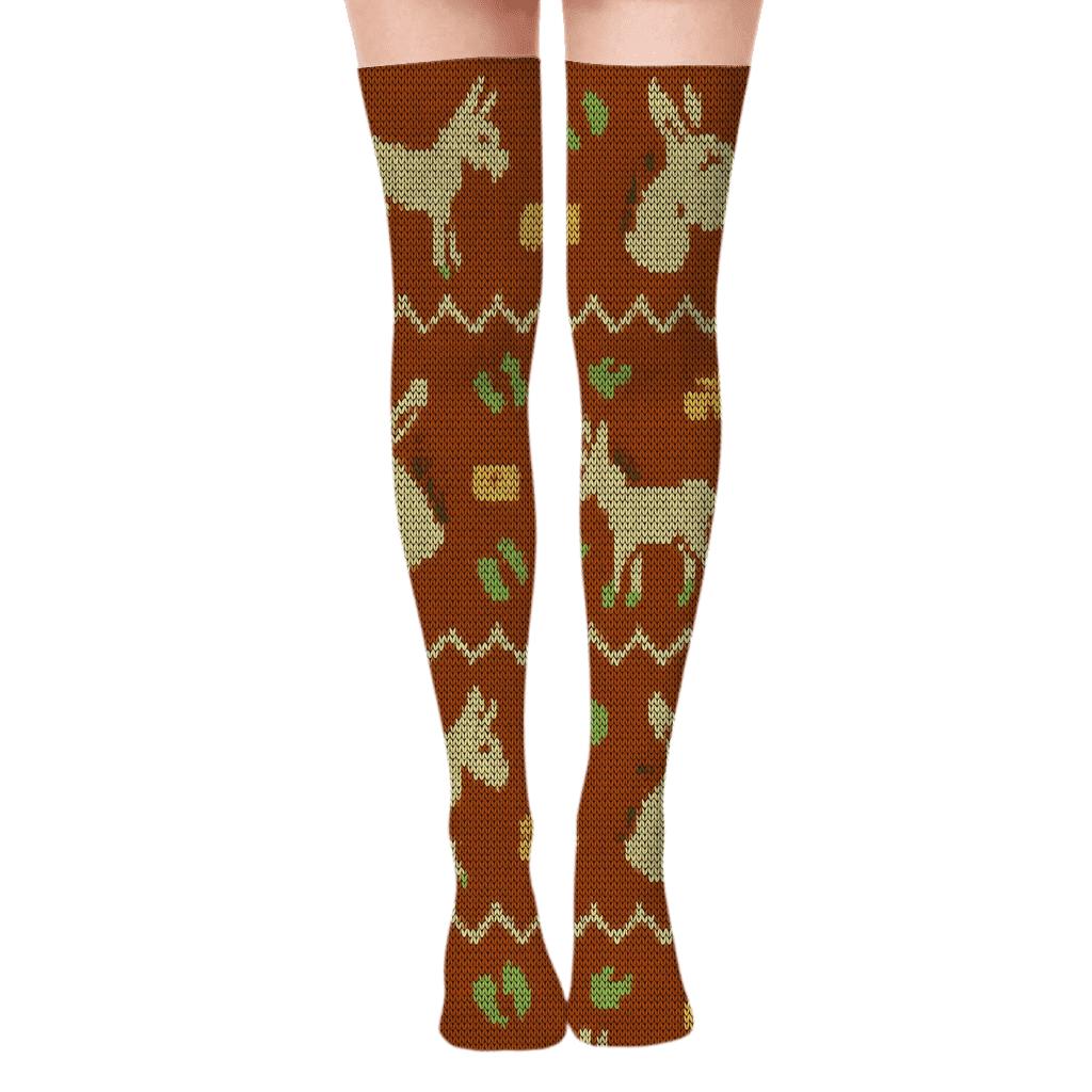 Knitted Meadow Bands with Donkey Motifs Over-the-Knee Socks