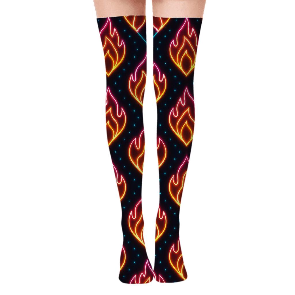 Neon Flame Chevron Signage on Charcoal Night Over-the-Knee Socks