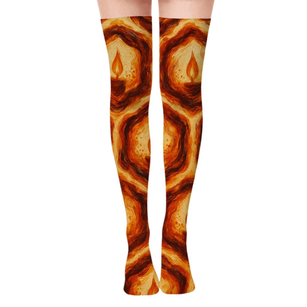 Molten Copper Ember Lattice on Warm Ivory Over-the-Knee Socks