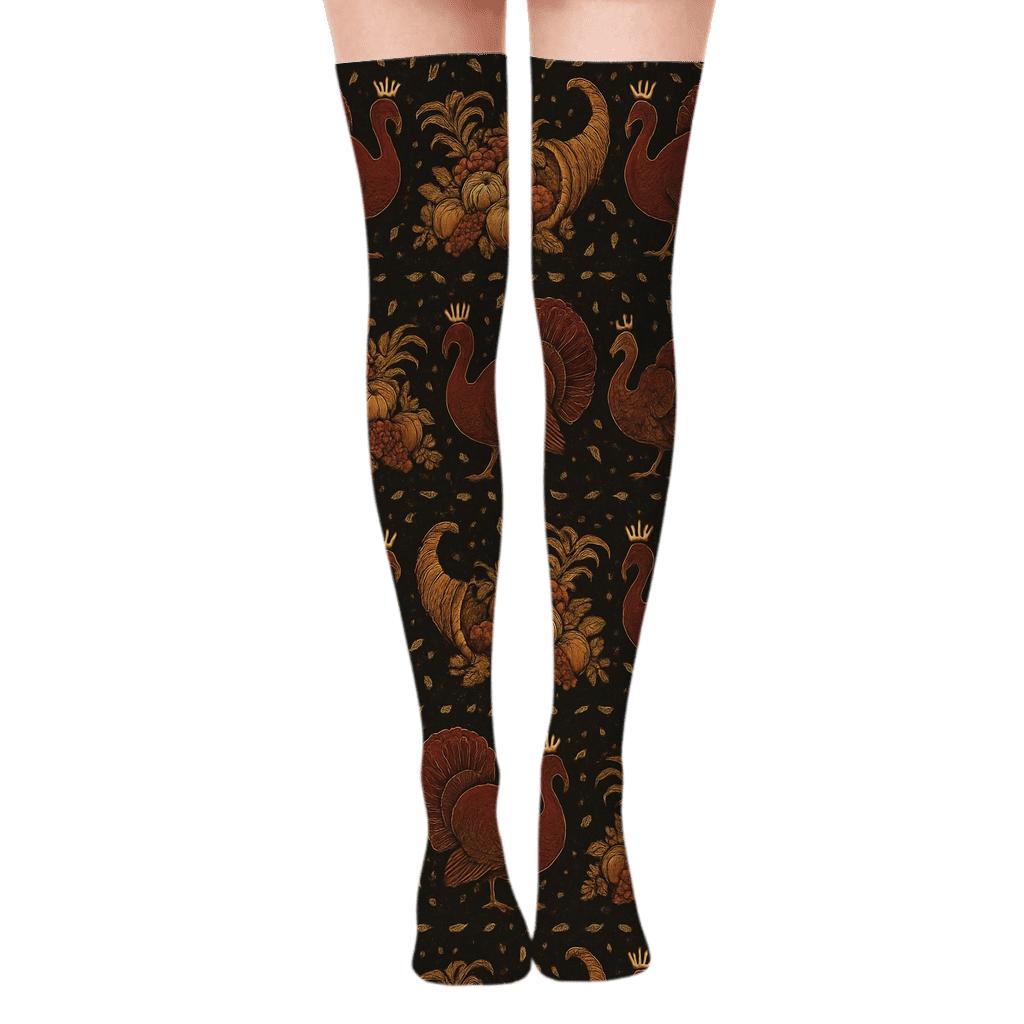 Harvest Pattern Bands with Turkey Crowns Over-the-Knee Socks