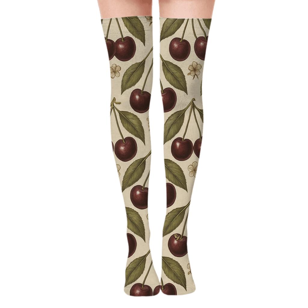 Vintage Botanical Poster Look with Cherry Orchard Tiles Over-the-Knee Socks