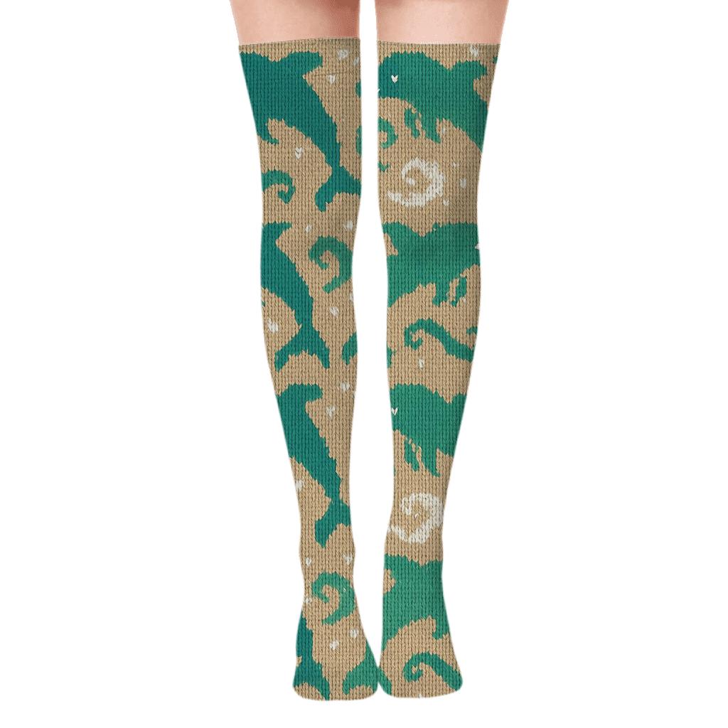 Knitted Pattern Illusion with Dolphin Pods Over-the-Knee Socks