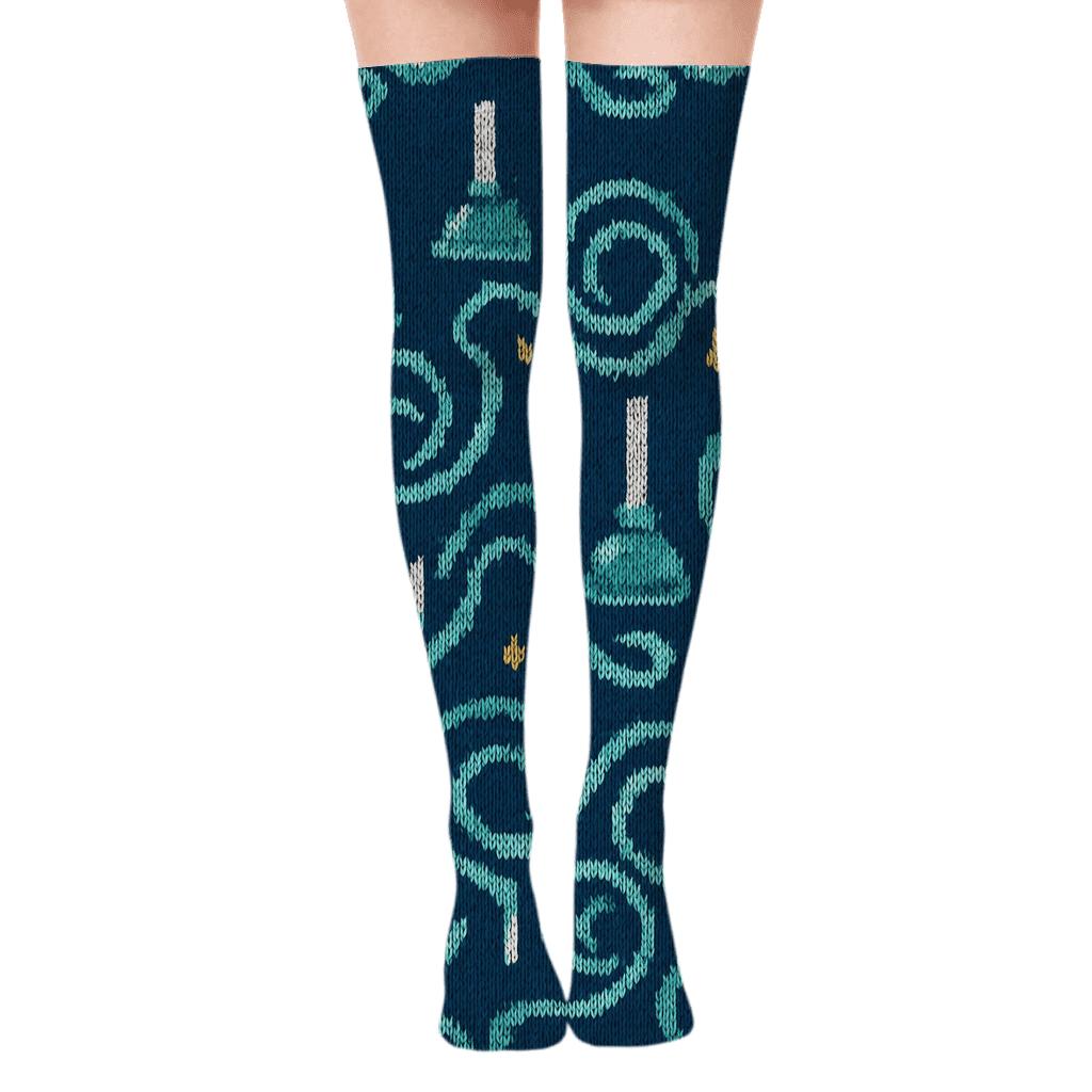 Knitted Illusion Plunger Waves, Plumber Edition Over-the-Knee Socks