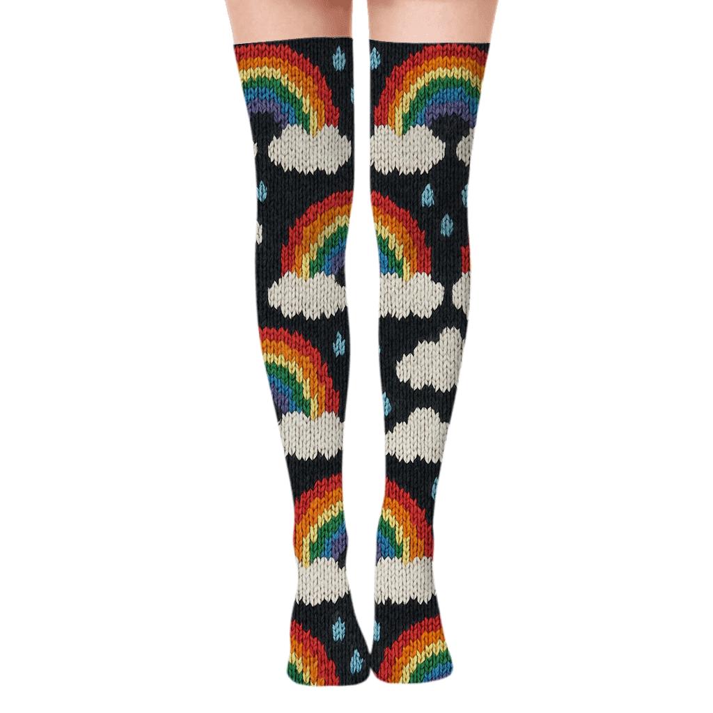 Knitted Rainbow Arc Lattice with Cloud Edge Bands Over-the-Knee Socks