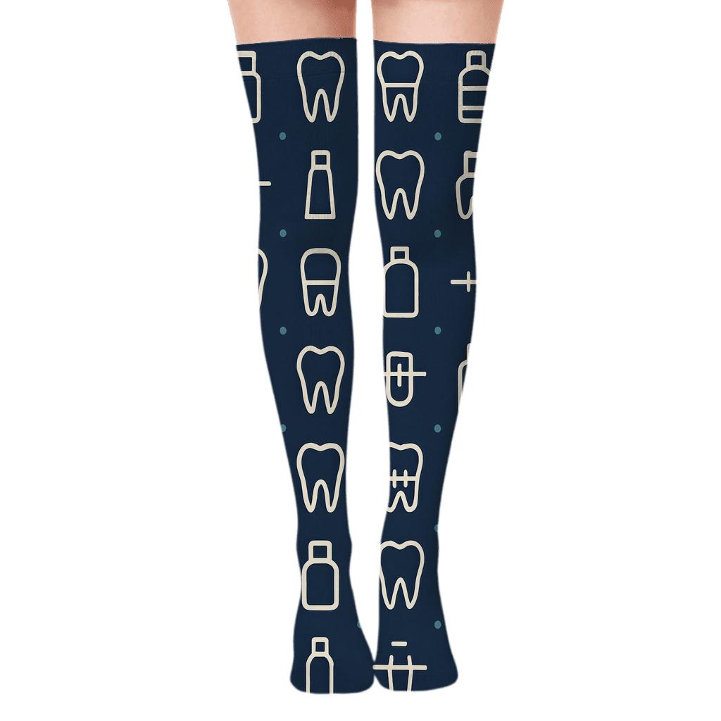 Tooth Silhouette Grid with Dentist Charms Over-the-Knee Socks