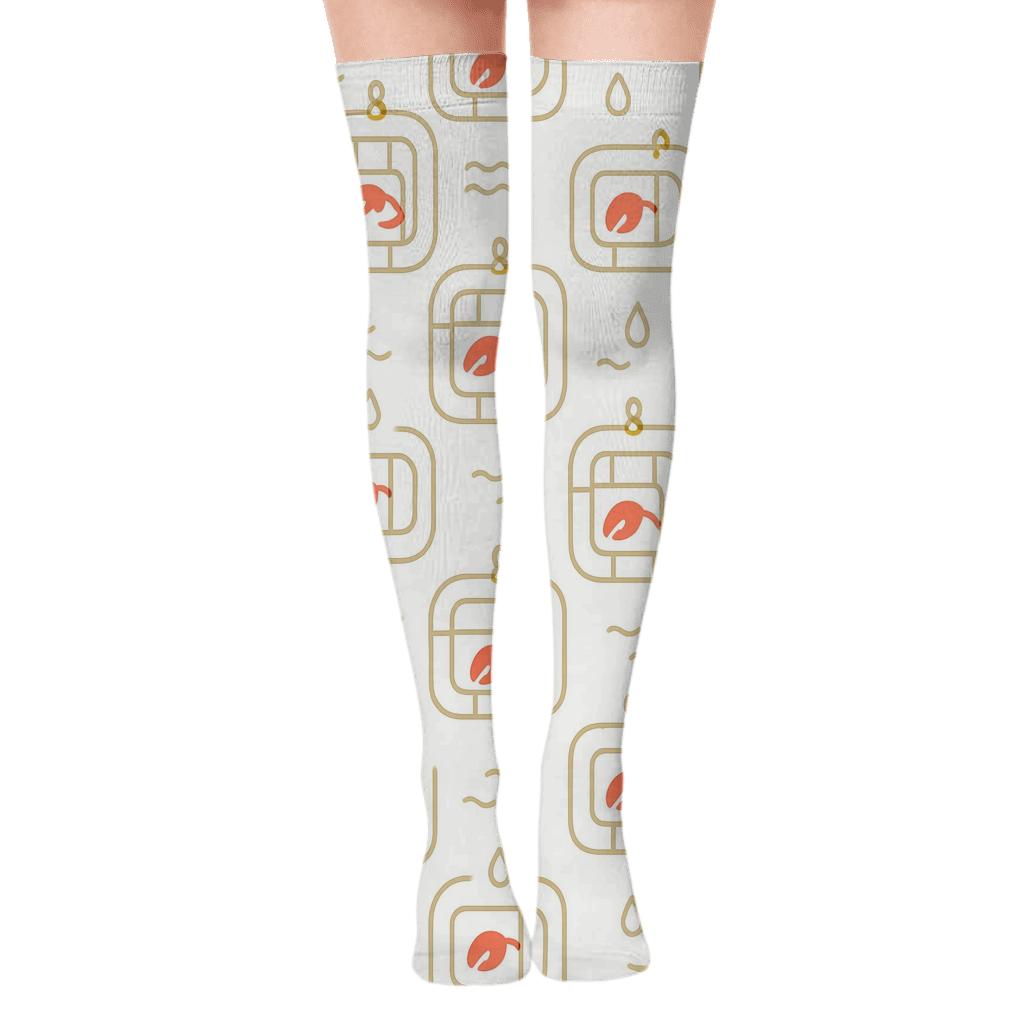 Minimalist Grid with Lobster Trap Icons Over-the-Knee Socks