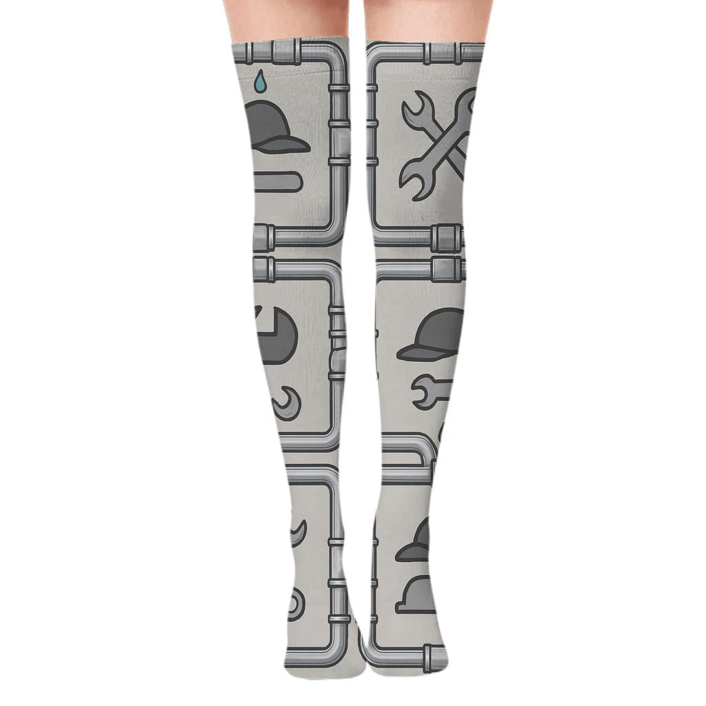 Pipe Lattice with Plumber Tools Interior Over-the-Knee Socks