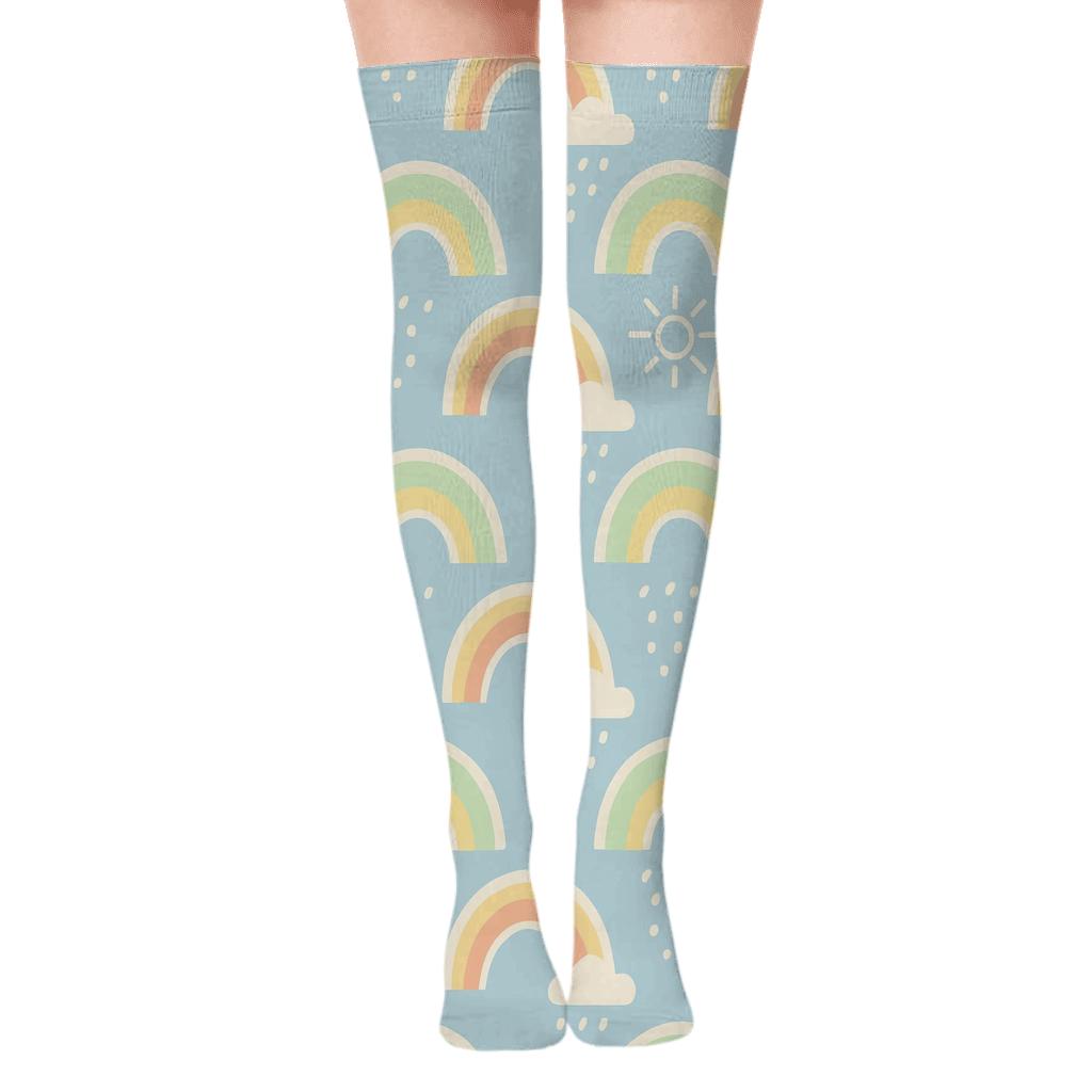 Minimal Rainbow Sunbeam Diagonal Repeat on Sky Blue Over-the-Knee Socks