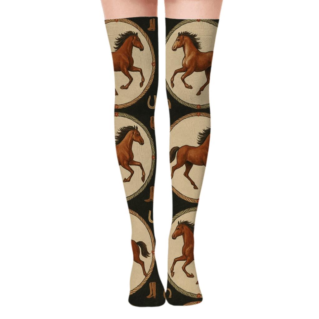 Horses in Rancher Lasso Rosette Grid Over-the-Knee Socks