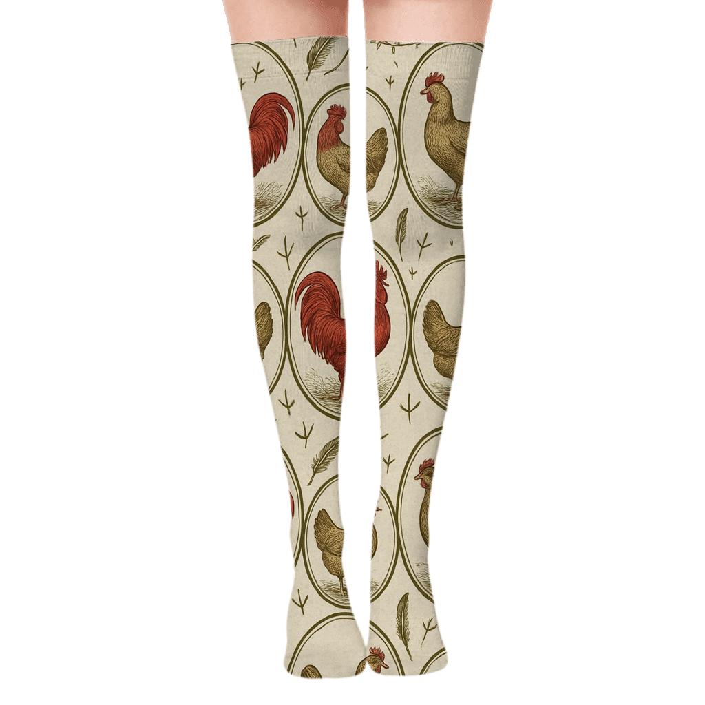 Rooster and Hen Pattern with Chicken Footprint Medallions Over-the-Knee Socks