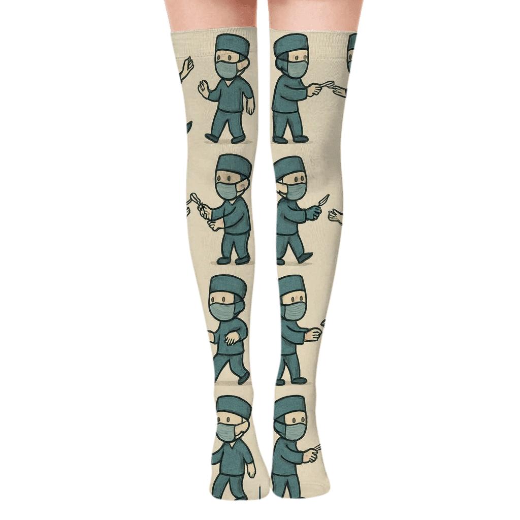 Sterile White Tiles with Surgeon Scenes Over-the-Knee Socks