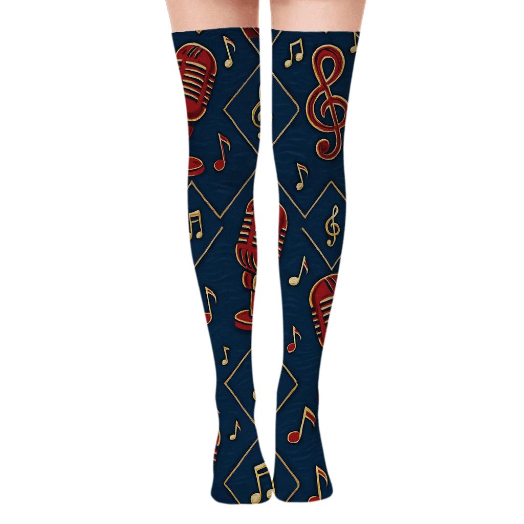 Musician Microphone Lattice on Concert Blue Over-the-Knee Socks