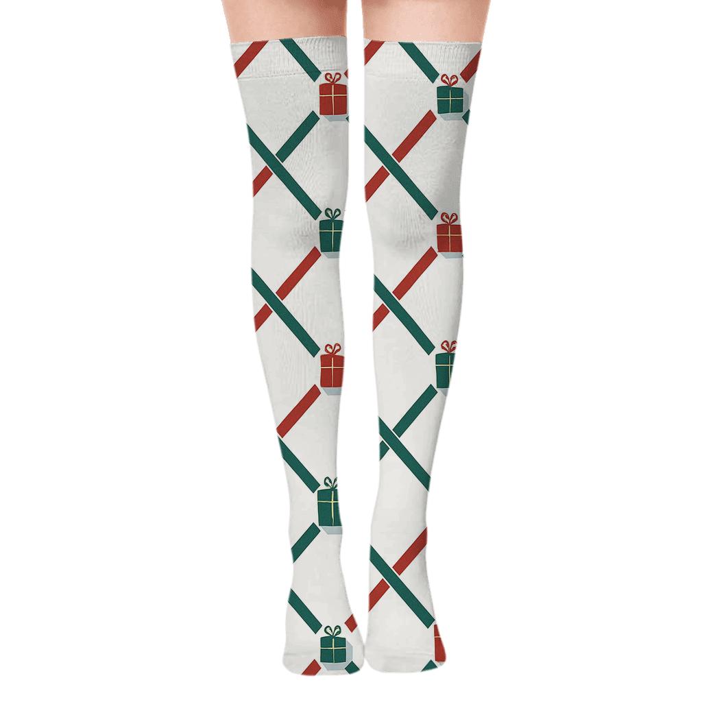 Ribbon Stripe Lattice with Presents Over-the-Knee Socks