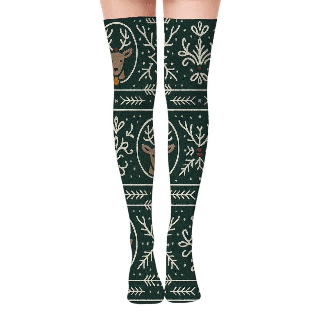 Scandinavian Folk Reindeer Band Tapestry Over-the-Knee Socks
