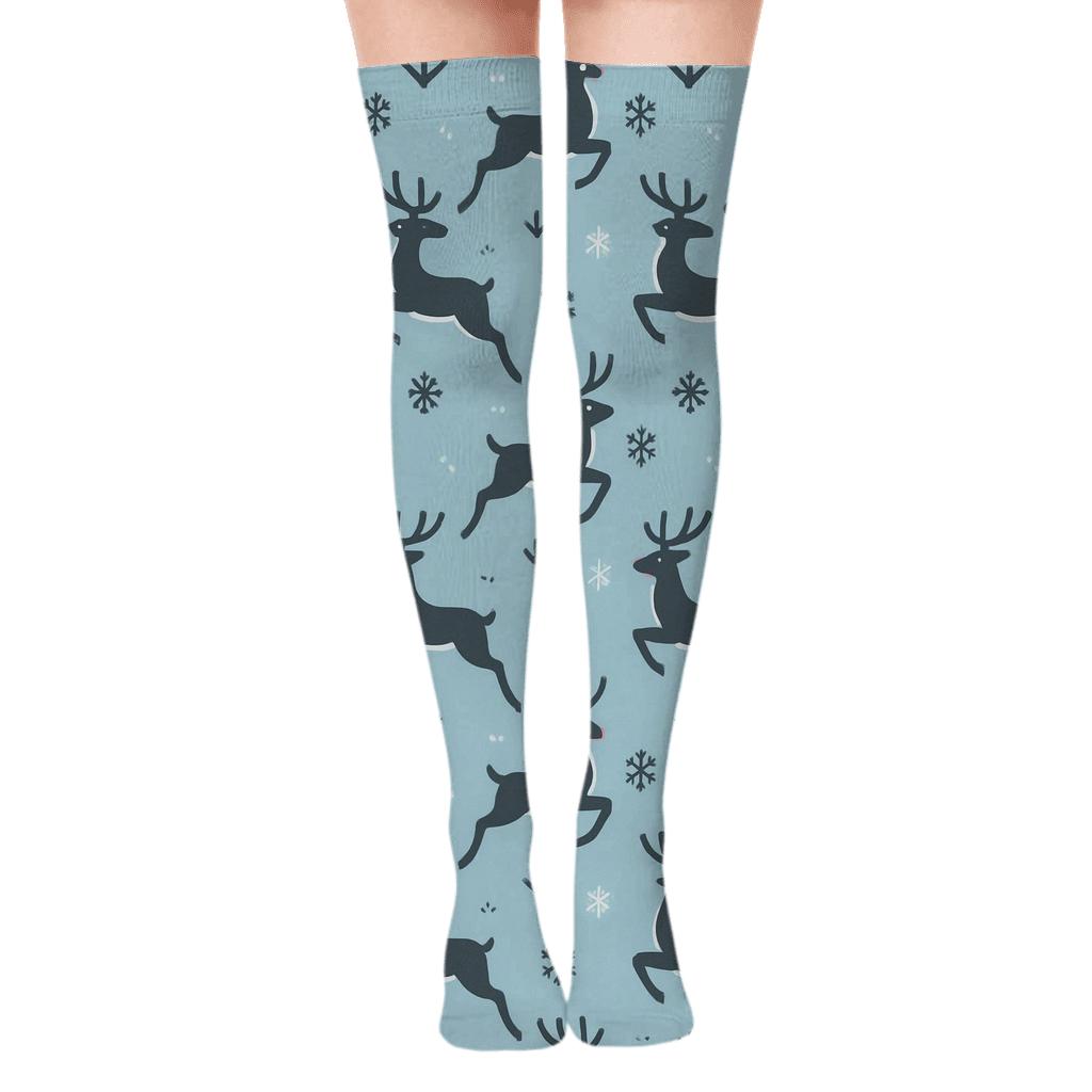 Minimalist Geometric Grid with Reindeer Silhouettes Over-the-Knee Socks