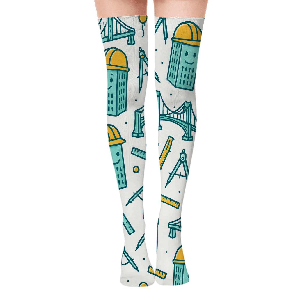Blueprint Parade with Architect Motifs Over-the-Knee Socks