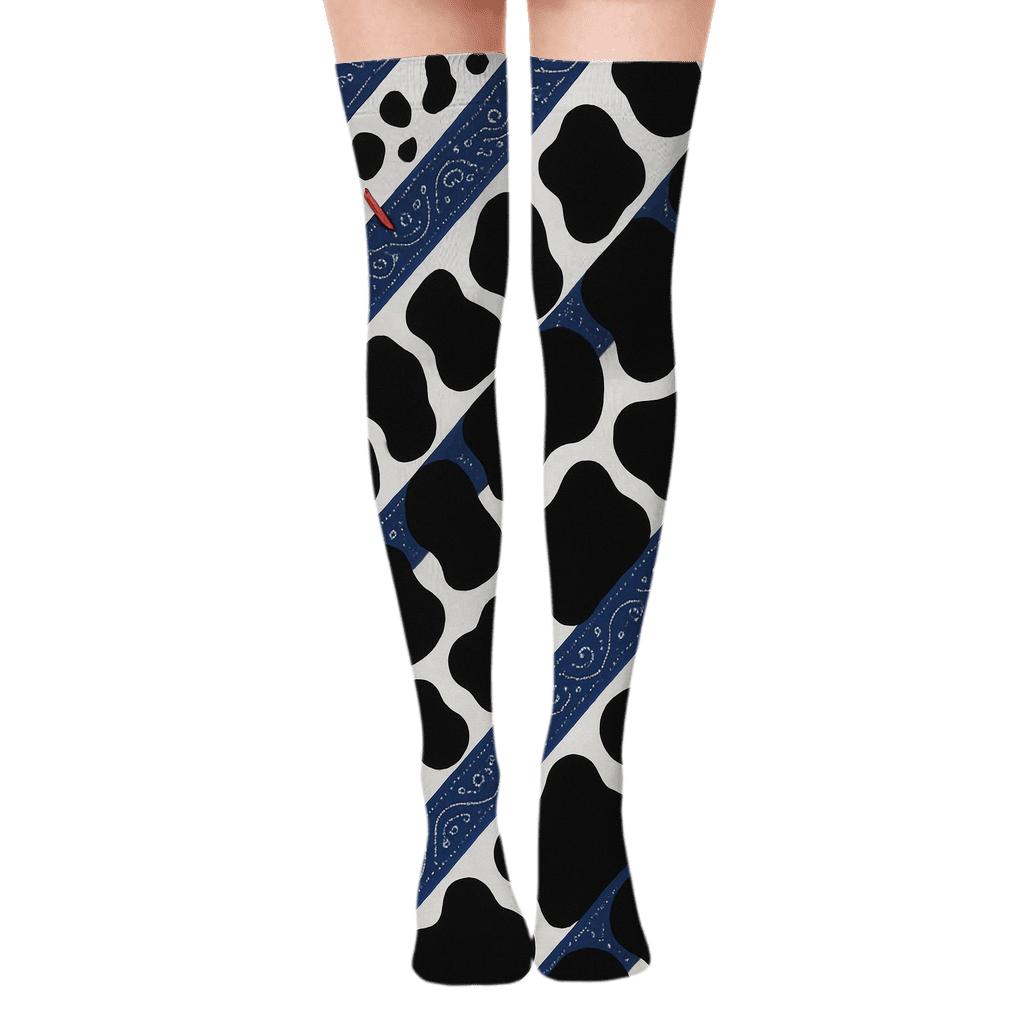 Indigo Bandana Stripe With Cow Spot Progression Over-the-Knee Socks