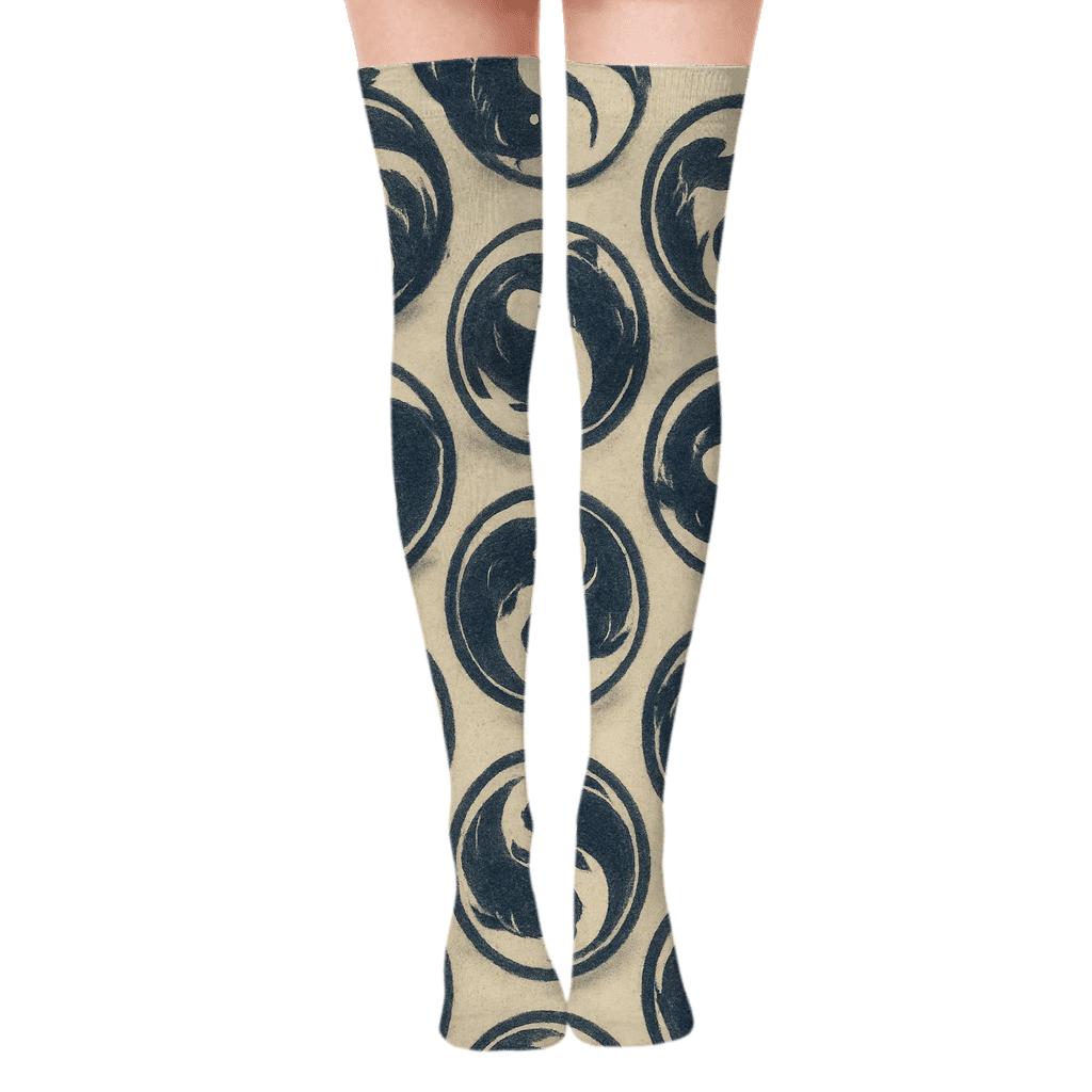 Vintage Ink Koi Circle Lattice on Warm Ivory Over-the-Knee Socks