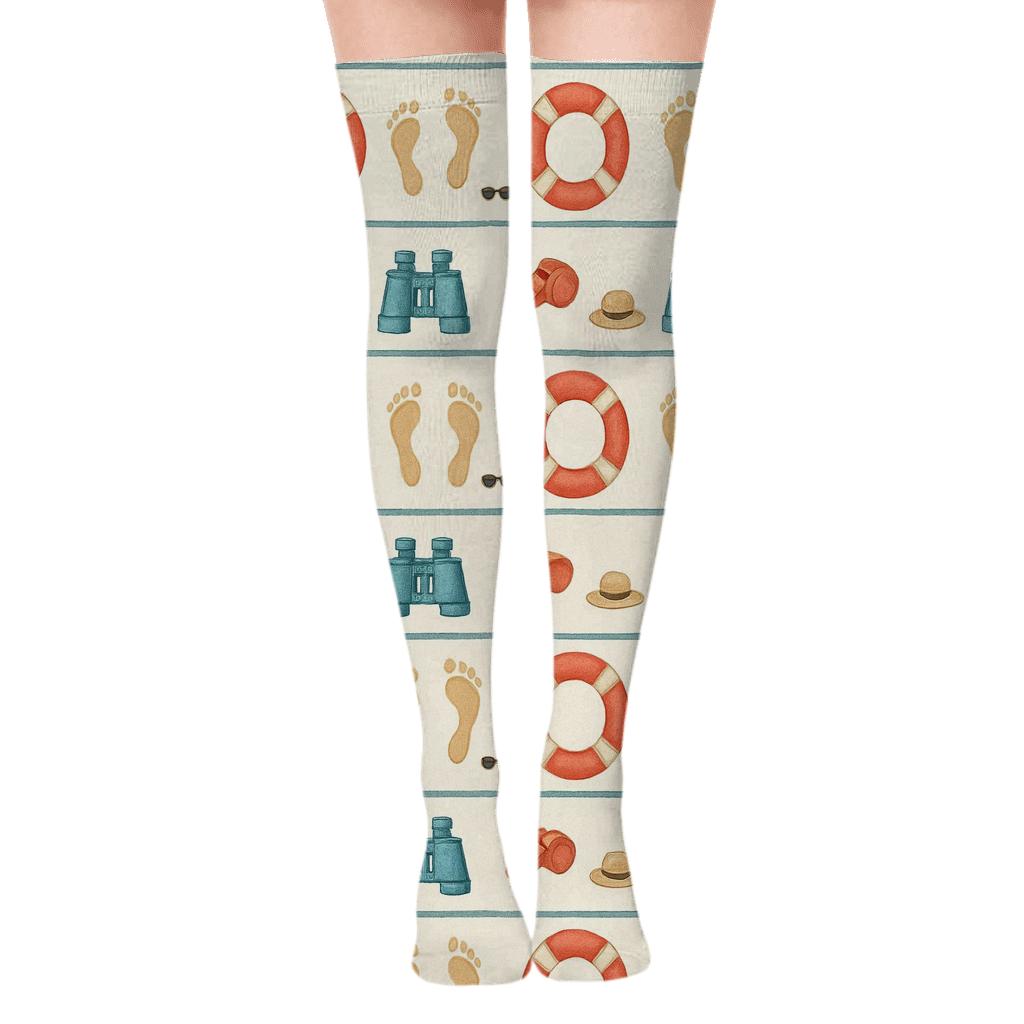 Towel Stripe Bands with Lifeguard Icons Over-the-Knee Socks