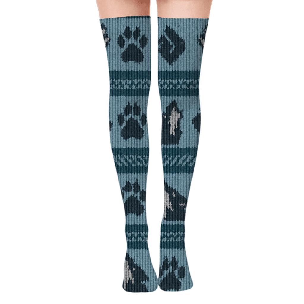 Knitted Pattern Illusion with Howling Gray wolf Over-the-Knee Socks