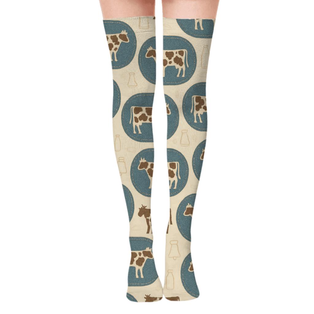 Warm Cream Denim Patchwork With Rustic Cow Silhouette Tiles Over-the-Knee Socks