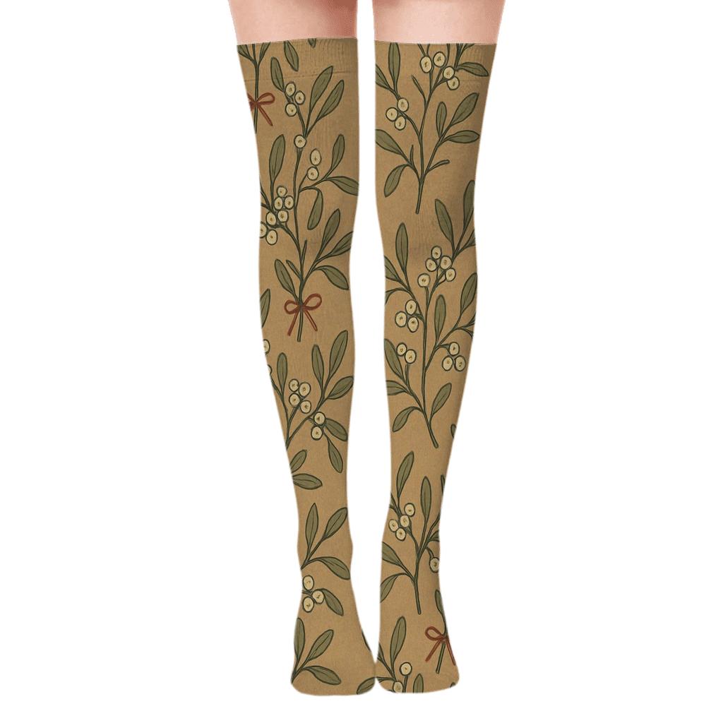 Vintage Poster Repeat with Mistletoe Sprigs Over-the-Knee Socks