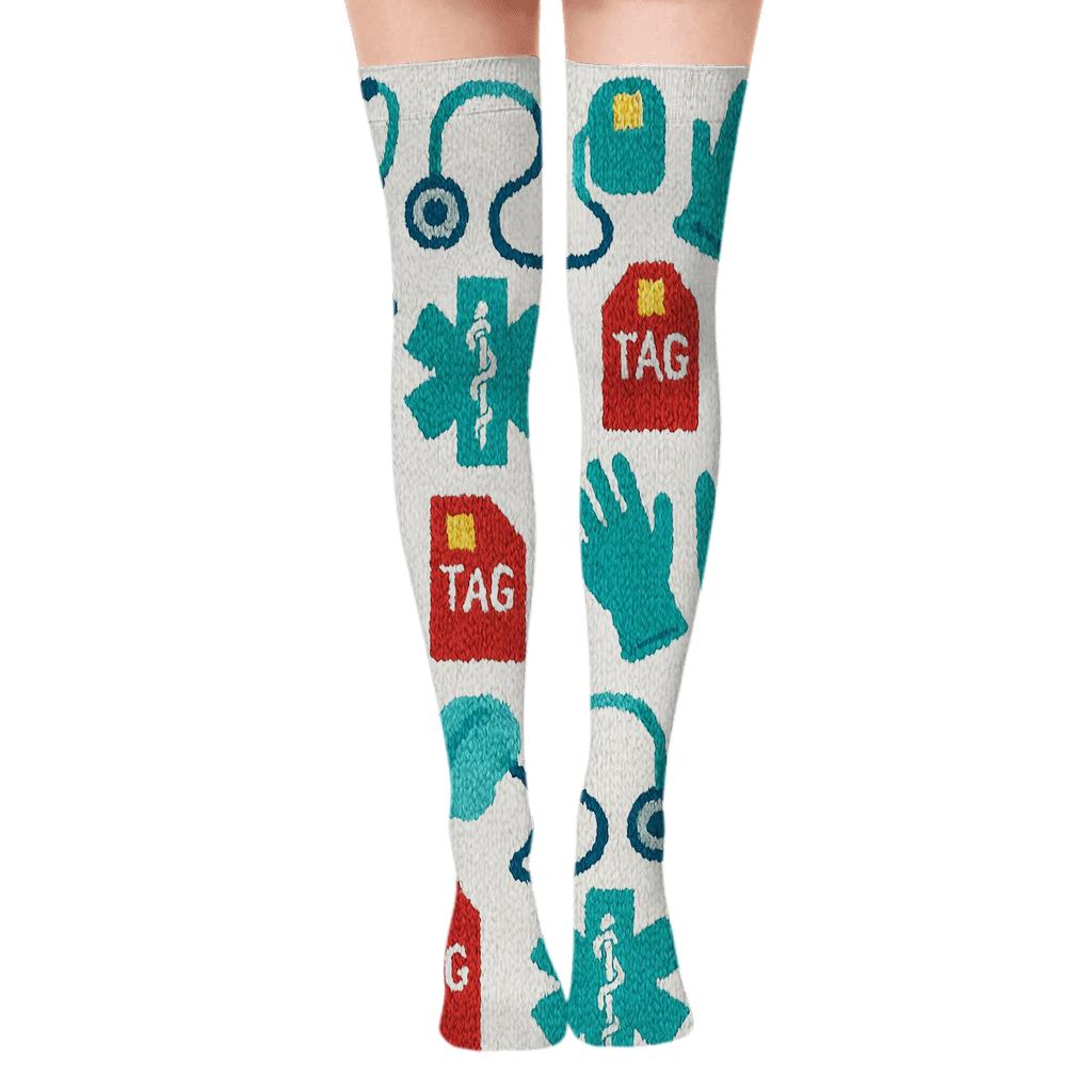 Paramedic Knit Illusion Icon Tiles Over-the-Knee Socks
