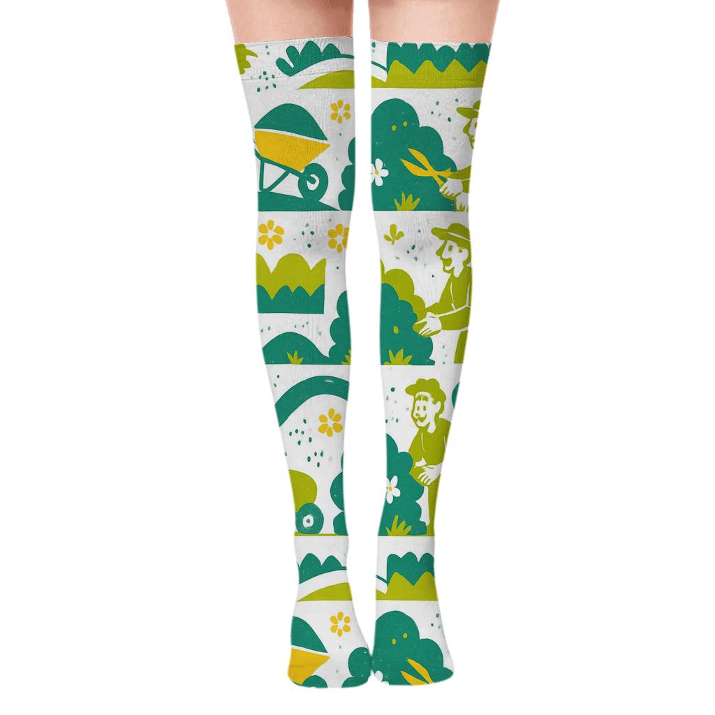 Garden Party Borders with Landscaper Silhouettes Over-the-Knee Socks