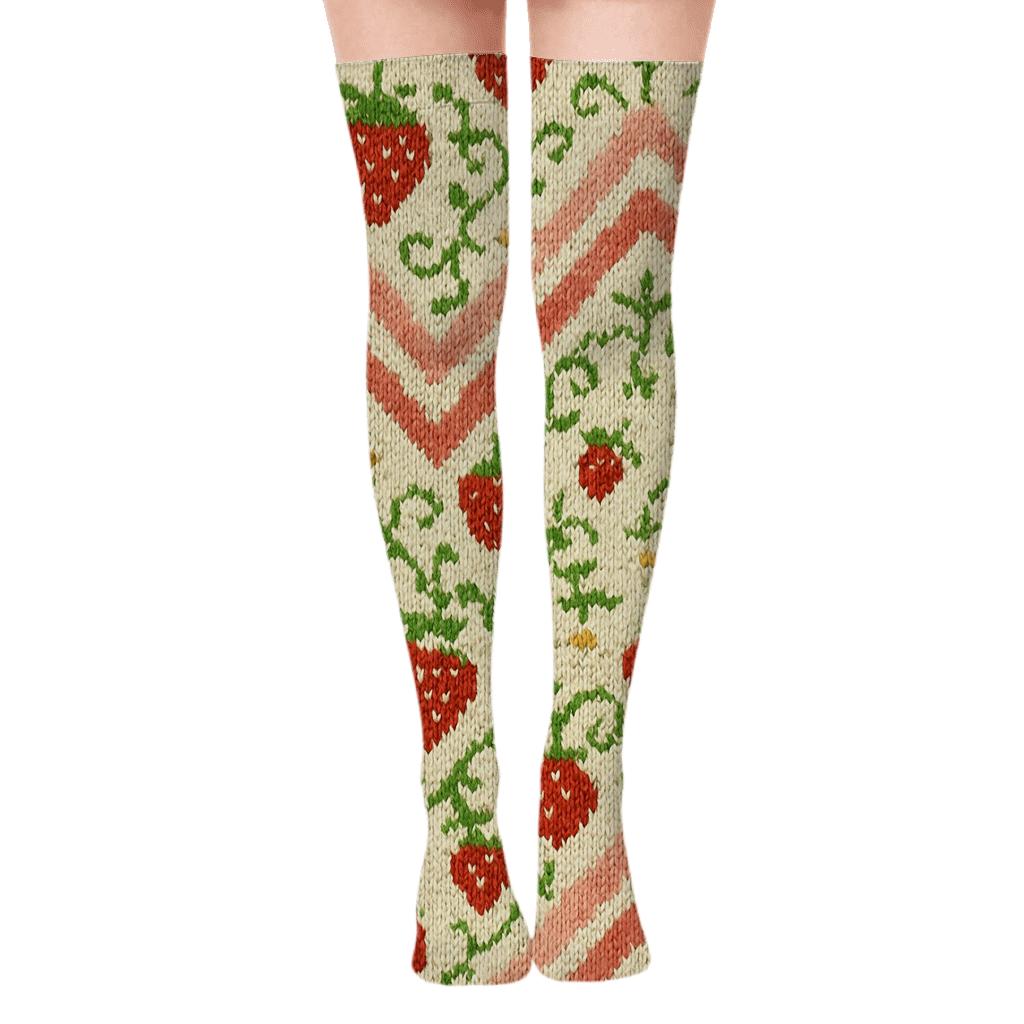 Knitted Strawberry Seed Chevron on Cream Background Over-the-Knee Socks