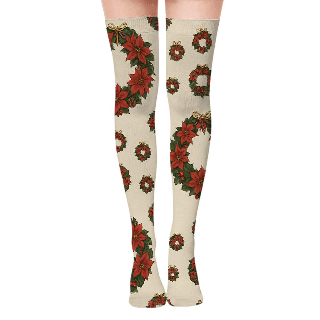 Vintage Botanical Poinsettia Wreath Lattice on Ivory Over-the-Knee Socks