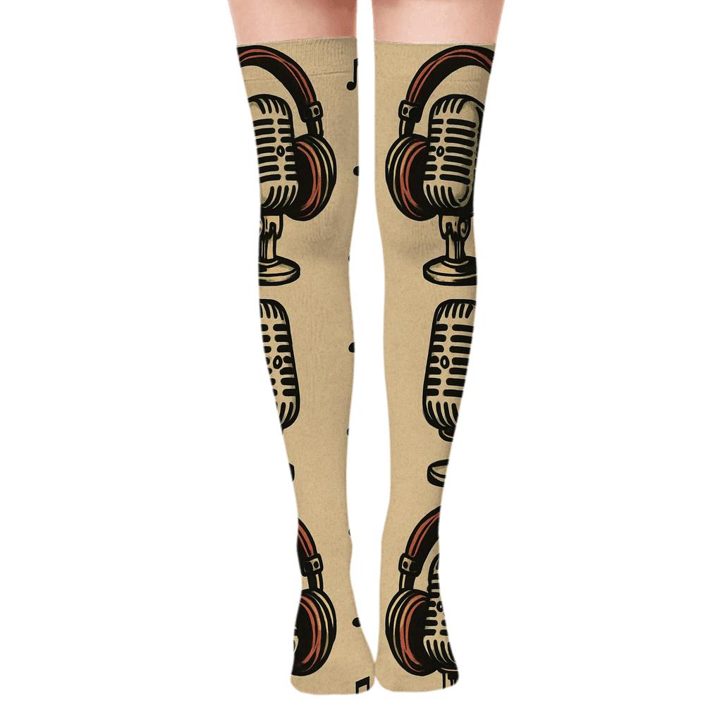 Mirrored Headphones and Microphones Pattern for Radio Host Over-the-Knee Socks