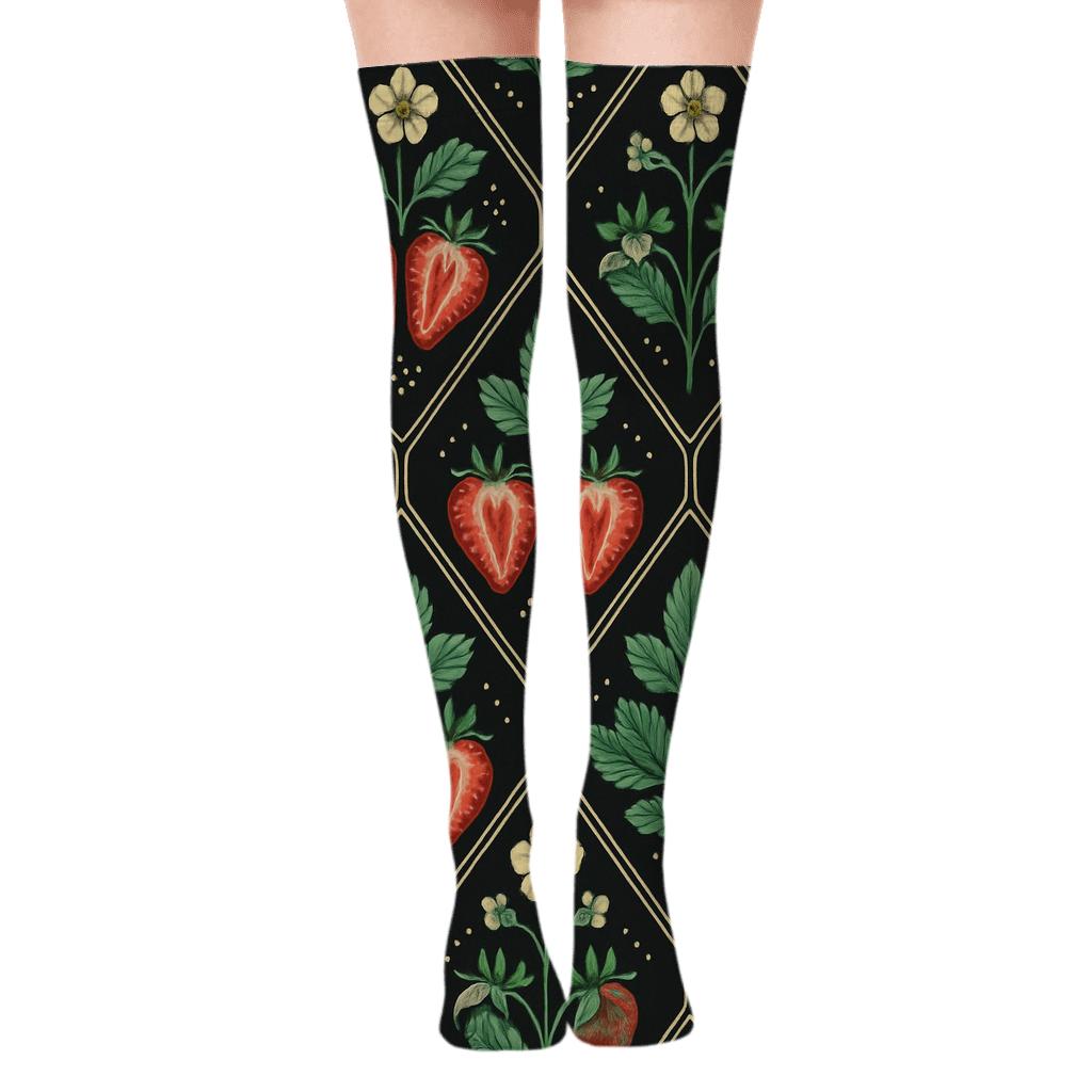Midnight Botanical Strawberry Mirror Tiles on Black Background Over-the-Knee Socks